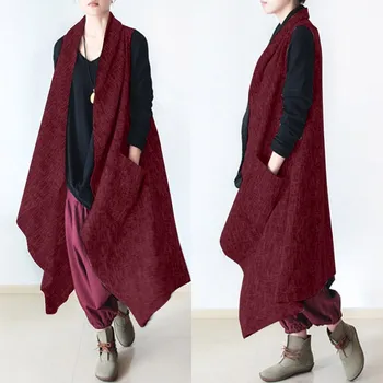 

Plus Size ZANZEA Autumn Outwear Women Casual Lapel Sleeveless Long Vests Jackets Vintage Solid Coats Vestidos Female Cardigans