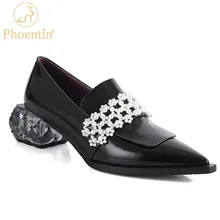 Phoentin in vera pelle Mocassini 2020 autunno nuovo elegante donna pompe a punta di perle di cristallo talloni delle donne scarpe con tacco medio FT1114