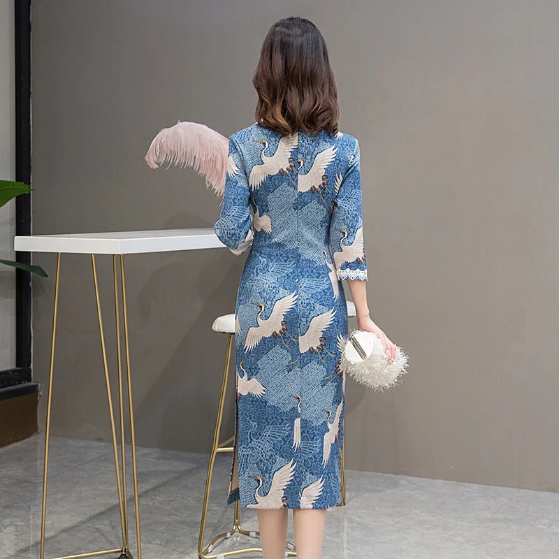 Китайское платье Ципао cheongsam Горячее предложение темно-синий журавль с вышивкой женское традиционное атласное qi pao кружевное платье Ципао с коротким рукавом