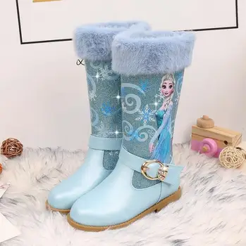 

Disney Girls Elsa Leather Boots Shoes For Winter Baby Girls Warm Fur High-heeled Snow Queen Princess Boots