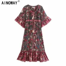 Vintage chic women birds floral print flare sleeve Bohemian rayon cotton maxi dress Ladies v-neck lace-up ruffles Boho vestidos