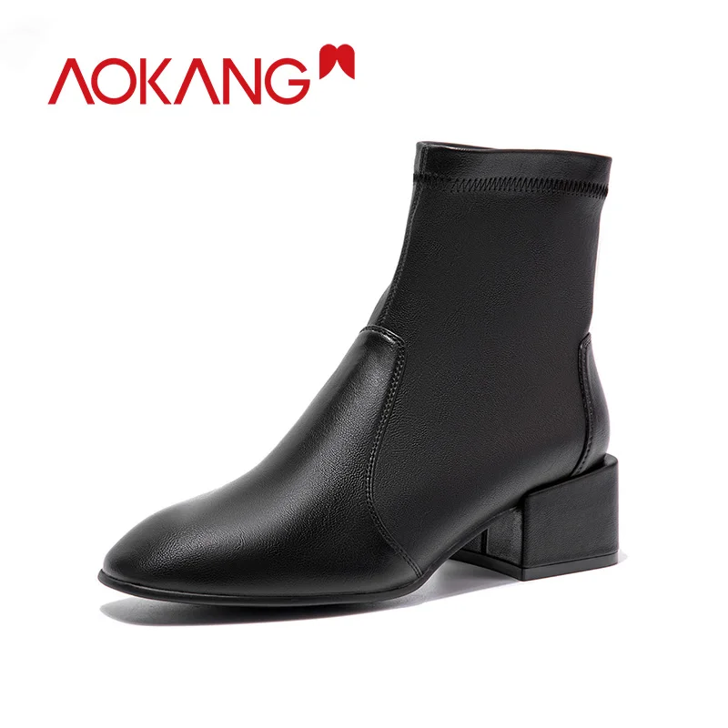 

AOKANG High Heels Boots Woman Leather Chelsea Ankle Boots Woman Martin Boots Comfortable Mid Heel Boots Black Ladies Shoes