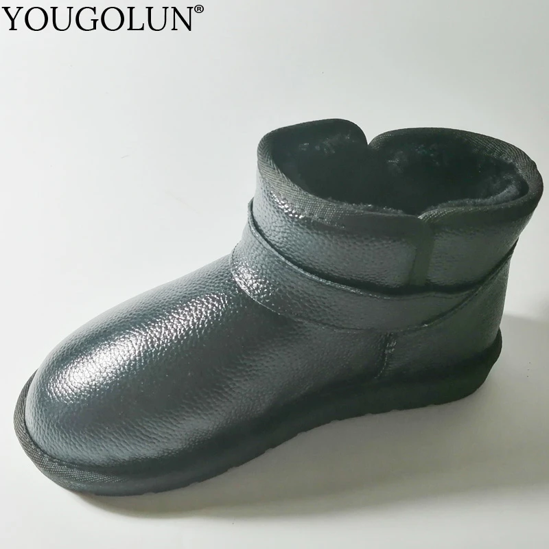 Online Botas de nieve de cuero de vaca genuino mujeres invierno mujer plana con zapatos A322 moda señoras negro marrón gris Beige hebilla tobillo botas