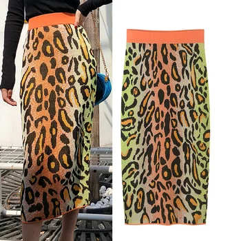 

2019 Spring NEW Colors Leopard Knit Pencil Skirt for Women Fashion Jacquard Knit Hip Step Skirt Ladies Knit High Waisted Skirts