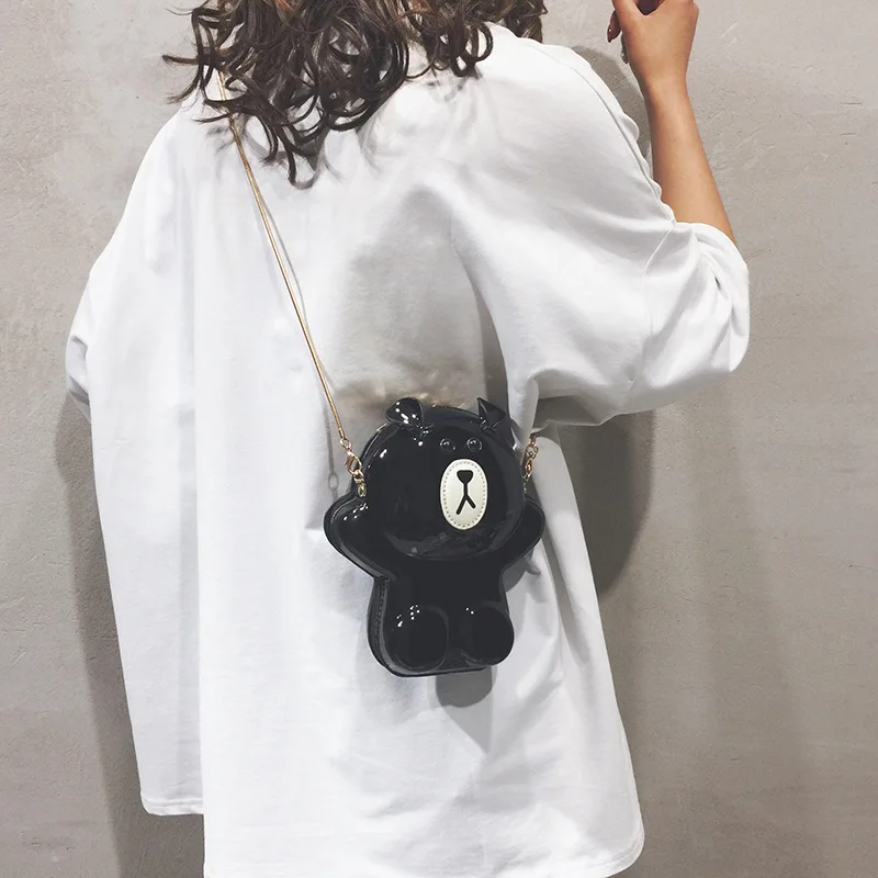 

Cute Small Bag Meng 2019 New Style Korean-style INS Cartoon bear bao Patent Leather Hard Case Chain Crossbody Bag