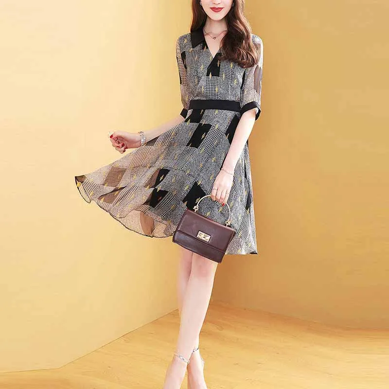 

Ozhouzhan Vintage V-neck Thousands of Birds Chiffon Dress 2019 Summer New Style Mid-length A- line Skirt-