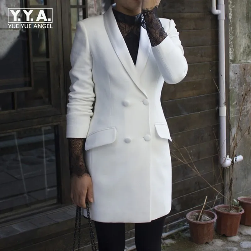 

Spring Autumn Women White Formal Blazer Long Jacket Satin Shawl Collar Double Breasted Office Ladies Work Blazer Slim Fit Coat