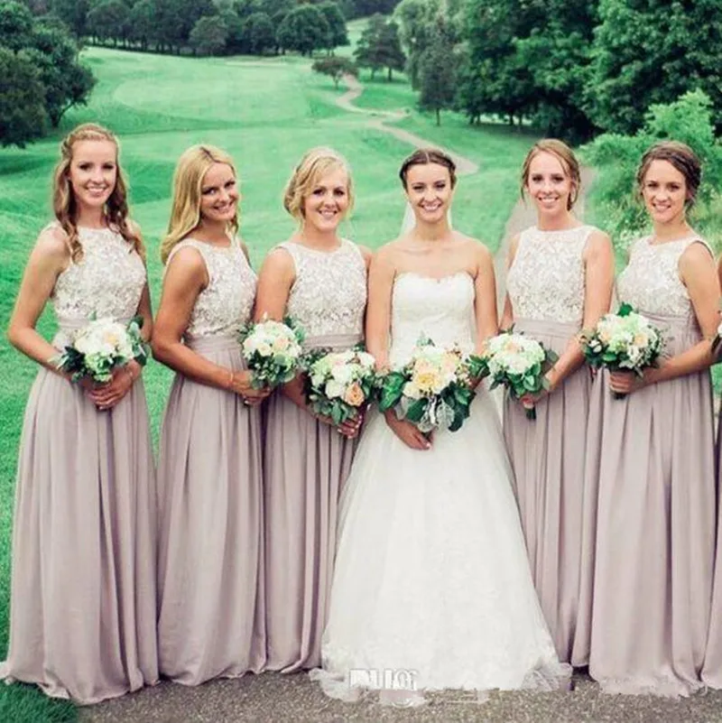

Elegant Blush Bridesmaid Dresses A Line Backless Lace Top Sweep Train Long Garden Country Wedding Guest Gowns Maid Of Honor