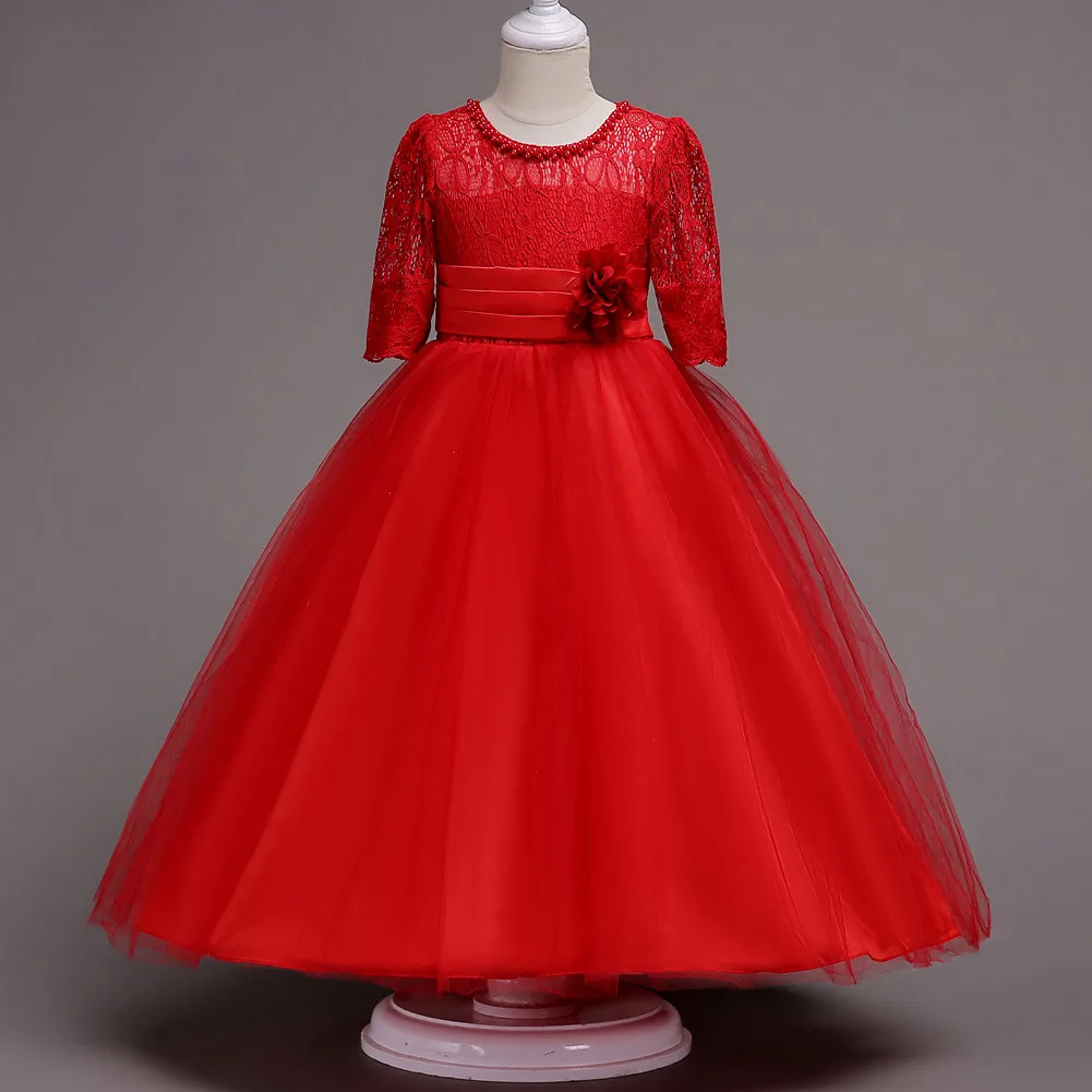 Weixu/кружевное платье принцессы с цветочным узором для свадебной вечеринки для девочек Детские вечерние бальные платья, официальная одежда для девочек 5, 8, 10, 12, 14, 16 лет - Цвет: Красный
