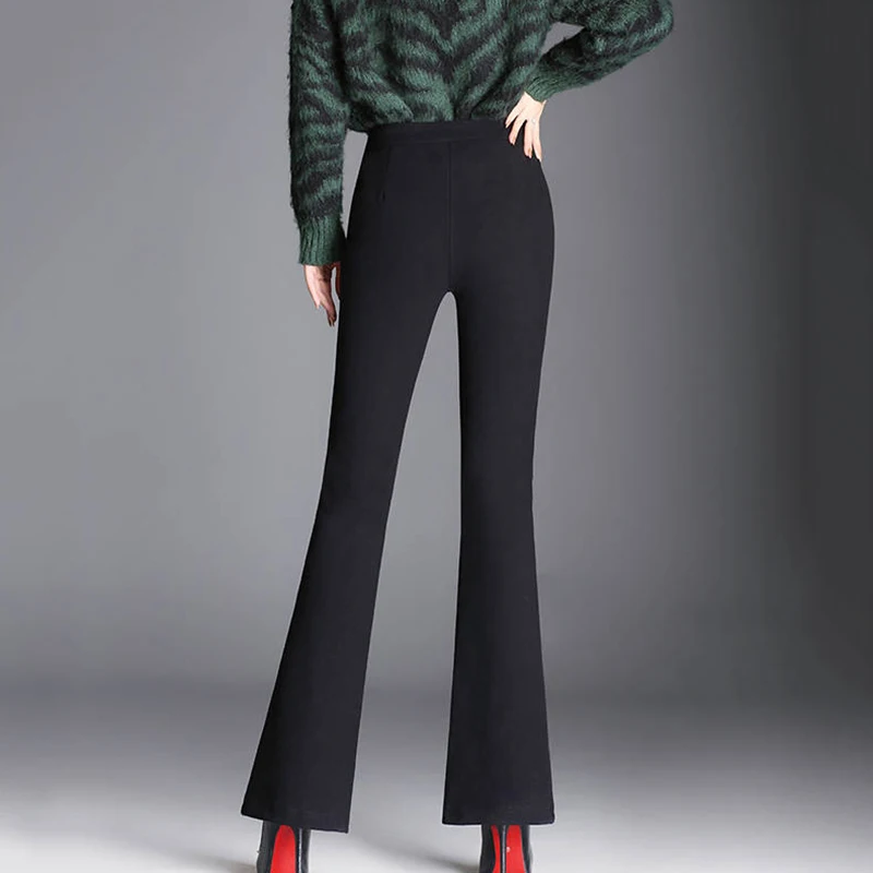 Женские облегающие брюки с высокой талией, с микро-колокольчиком, утепленный костюм, Стрейчевые прямые брюки, модные штаны, леггинсы на пуговицах - Цвет: black