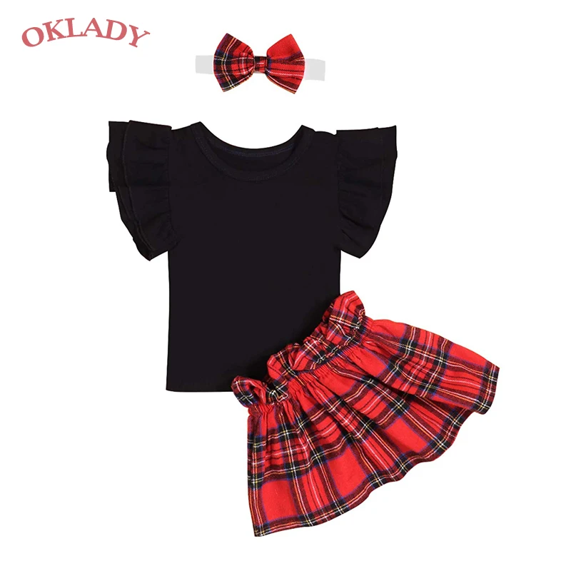 Oklady/Одежда для маленьких девочек; Рождественская футболка с короткими рукавами; хлопковая клетчатая юбка с оборками в стиле буйвола; комплект одежды для маленьких девочек