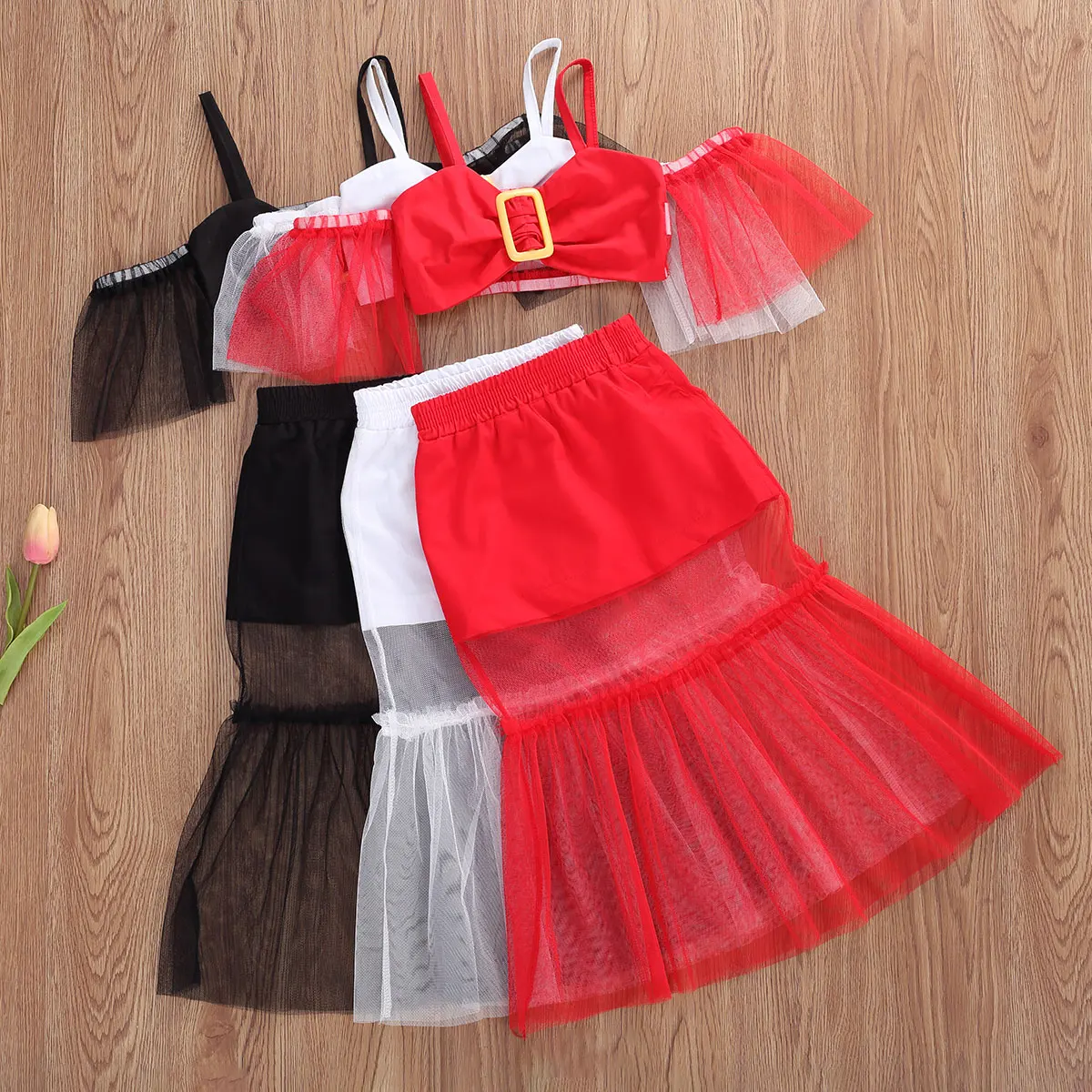 

Summer Fashion Baby Girl Clothes Girl Off Shoulder Lace Sleeve T Shirts Tops+Ankle Length Skirts Kids Long Gauze Skirt Suit 1-6Y