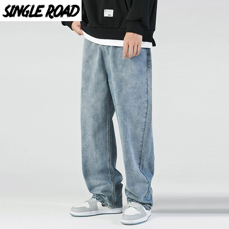 Single Road Mens Baggy Jeans Men Fashion 2021 Oversized Hip Hop Denim Pants Male Streetwear Korean Trousers Blue For | Мужская одежда