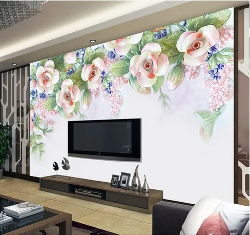 

3D Customized mural large Traditional Chinese painting with flower grass behind TV sofa as background wallpaper in living room