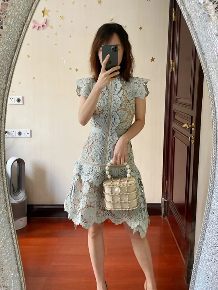

Women Lace O Neck Dress Spring Summer New High Waist Lady Short Sleeve Mini Dress