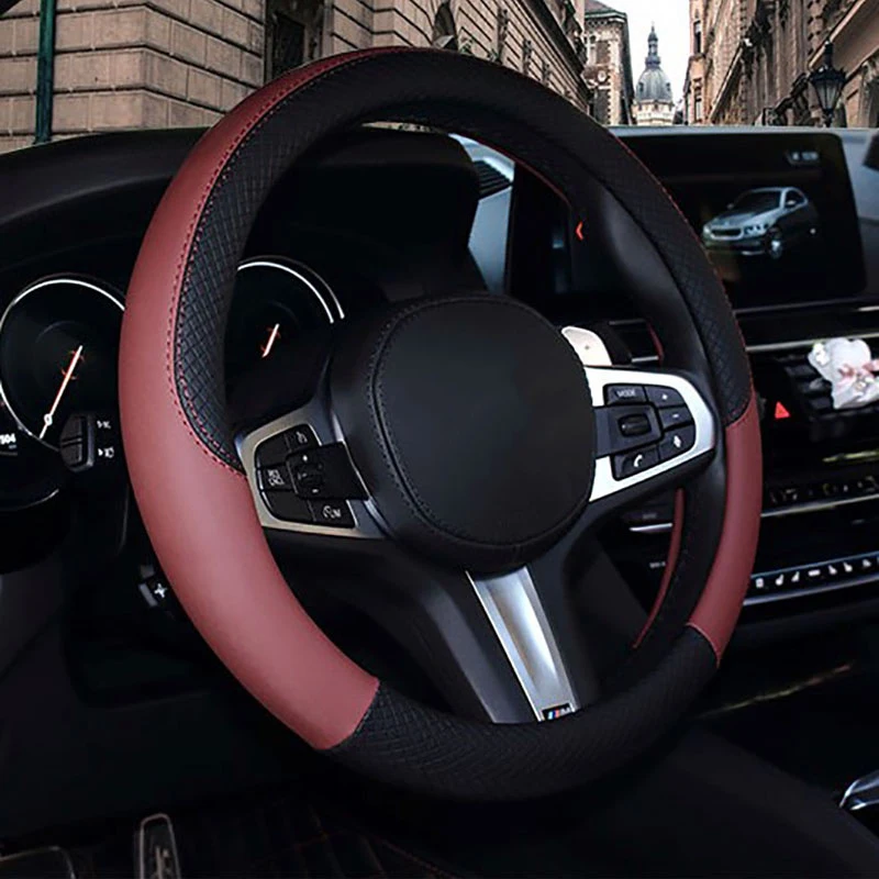 Wine Red Искусственная кожа Универсальный 38 см автомобильный Стайлинг Спорт авто руль чехлы для автомобиля Руль крышка противоскользящие автомобильные аксессуары - Название цвета: Wine Red