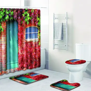 

Door Scenery Print Shower Curtain 4 Piece Carpet Cover Toilet Cover Bath Mat Pad Set Bathroom Curtain with 12 Hooks