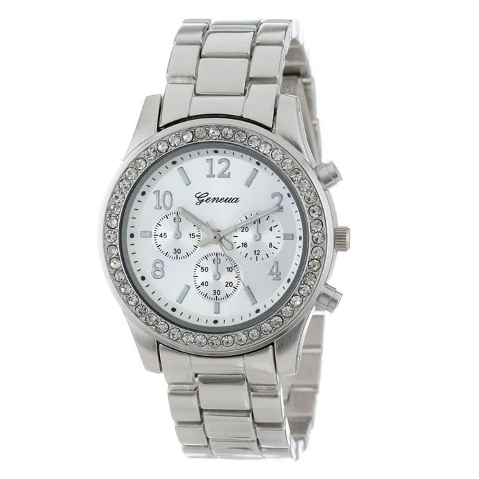 Модные женские часы женские наручные часы искусственный хронограф с кварцевым покрытием Классические Круглые Женские часы с кристаллами#0823 - Цвет: Серебристый