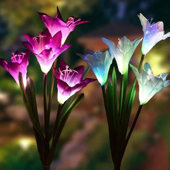 

3Pc 4 Head Lily Flower Solar Light LED Decorative Outdoor IP65 Waterproof Colorful Lawn Lamp Home Garden Fake Flower Night Light