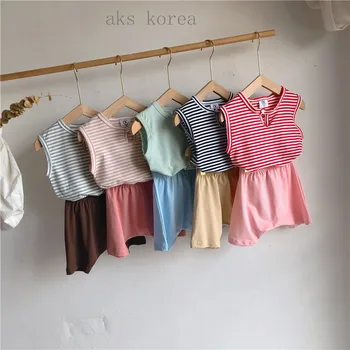 

2020 New Style Girls Boys 2 PCS Striped Set Vest+Shorts Summer Kids Suits 0-3 Years