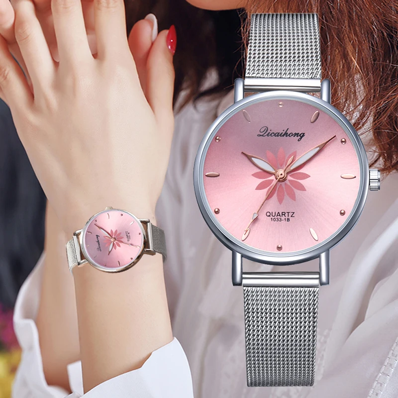 Женские наручные часы, роскошные, серебряные, популярные, розовый циферблат, цветы, металлический браслет, кварцевые часы, модные наручные часы, топ
