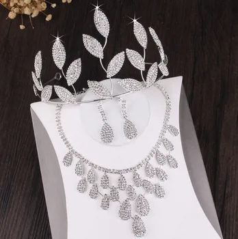 

Baroque Luxury Sparkling Crystal Leaves Jewelry Set Rhinestone Tiaras Crown Necklace Earrings Wedding African Beads Jewelry Sets