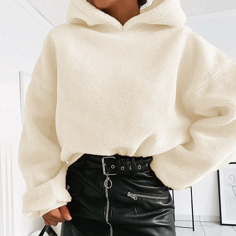  Nadafair Shaggy Long Sleeve Oversized Hoodie Winter Plush Pullover Sweatshirt Faux Fur Fluffly Hood