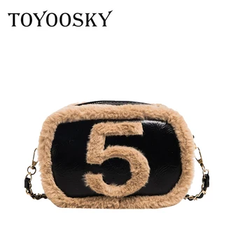 

TOYOOSKY Elegant Women Faux Fur Mini Shoulder Bag Circle Flap Bags Plush Warm Small Crossbody Bag Lady Purses Handbag