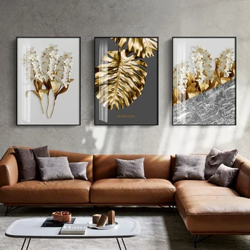 

Abstract Golden Leaf Flower Wall Art Canvas Painting Black White Feathers Poster Print Wall Picture For Living Room Decor