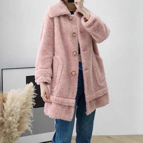 Pink Женское пальто с натуральным мехом, осенне-зимняя одежда, корейское манто для стрижки овец, женские винтажные куртки из шерсти, пальто Hiver MU926 - Цвет: Pink