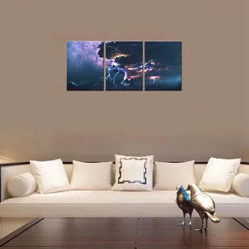 

3 Pieces Canvas Print Volcano Eruption Lightning Beach Landscape Pictures Home Decor Pinkish Sunset Beach Shore Waves Artwork