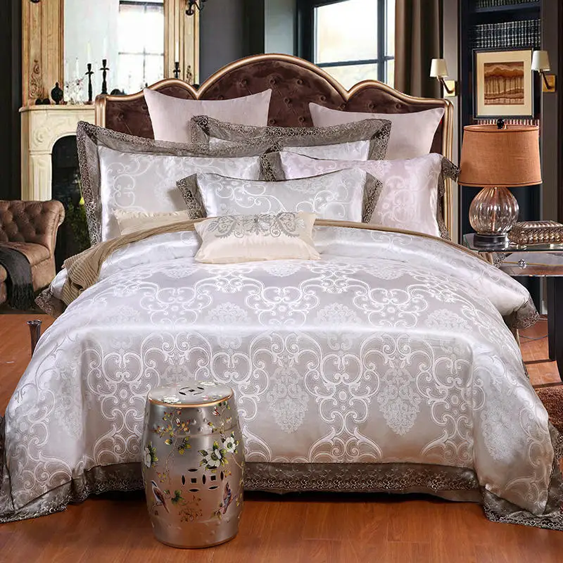 

White Stain Jacquard Lace Duvet Cover Bed Sheet Pillowcases Silk/Cotton Home Textile Bedding Set King Queen Size