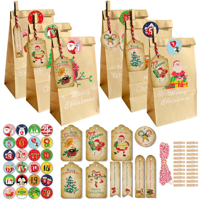 

24sets Christmas Advent Calendar Santa Claus Kraft Paper Gift Bags Party Favor Wrapping Bags Set with Xmas Tag Stickers Clips