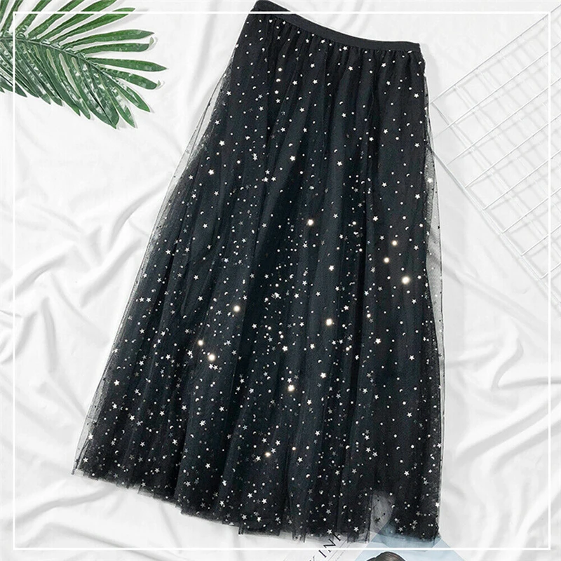 Women Skirt Summer Lace High Waist Long Skirts Star Print Lace Tulle A Line Ladies Skirts Casual Beach Woman Skirt