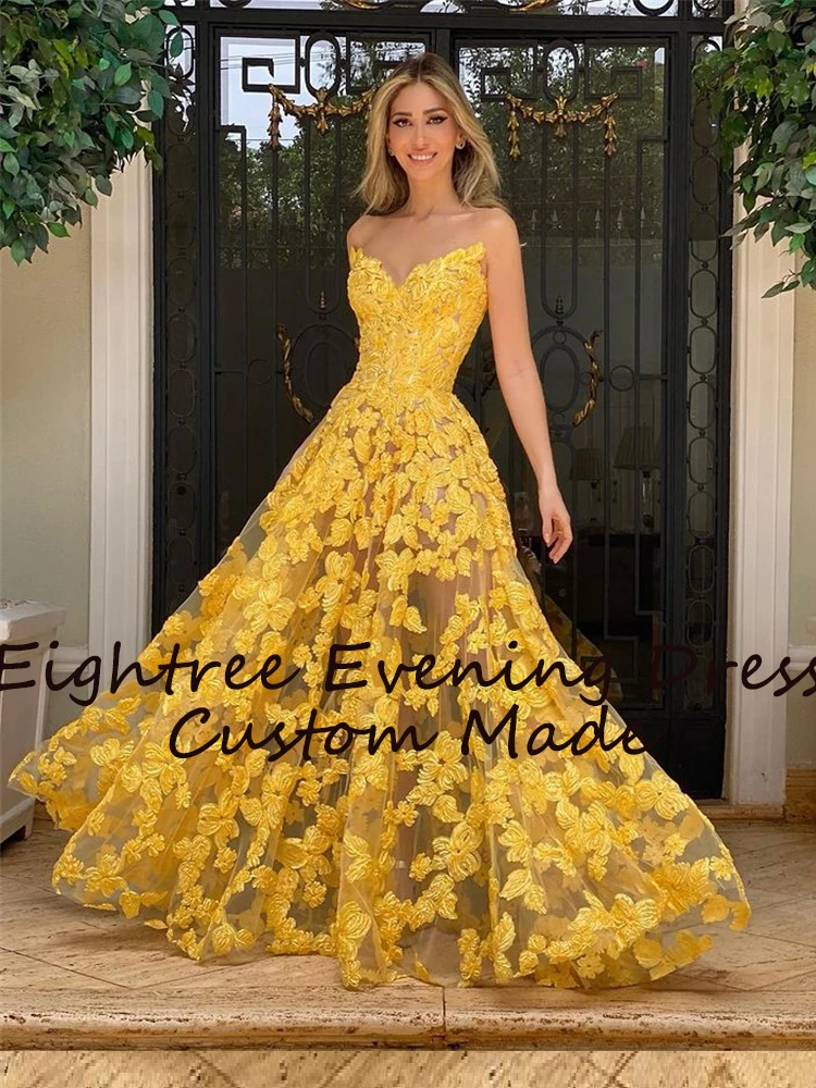Gold Yellow Flower Long Sleeveless Evening Dresses Sweetheart A Line Fariry Formal Party Prom Gowns Dress Vestidos de festa black evening gowns