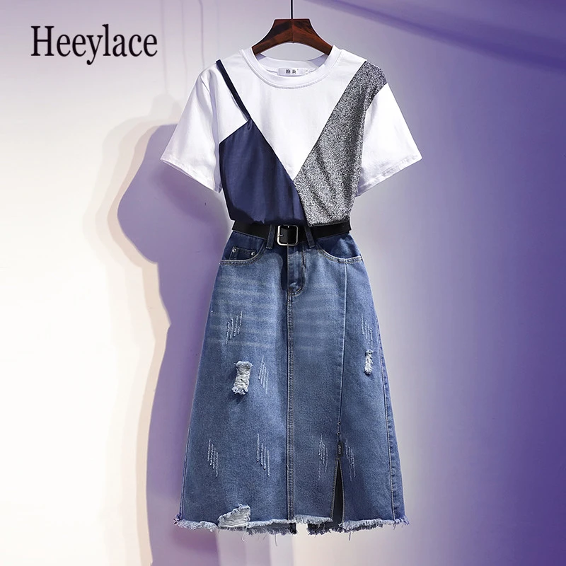 plus size denim skirt sets