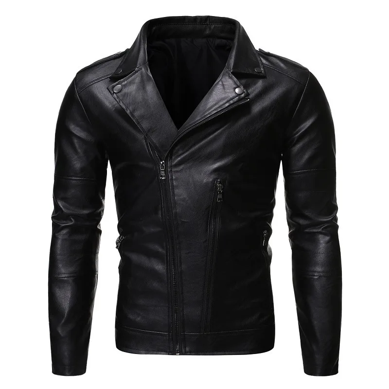 Осень и зима стиль Мужская мода косая молния отложной воротник Slim Fit Pu локомотивное кожаное пальто Мужское пальто