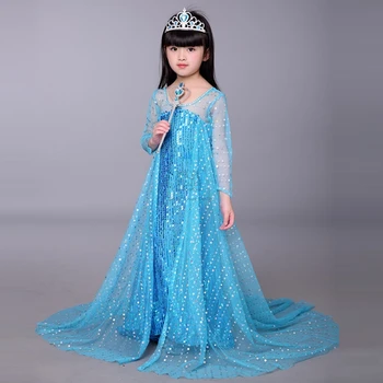 

Snow Queen Princess Elsa Dress Up Children Long Sleeve Blue Sequined Elza Girls Dress Gorgeous Elegant Long Tail Wedding Dresses