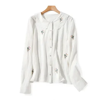 

2020 Cotton Peter Pan Collar Womne's Blouse Long Sleeve Flowers Embroidered White Ladies Casual Shirts And Tops Female