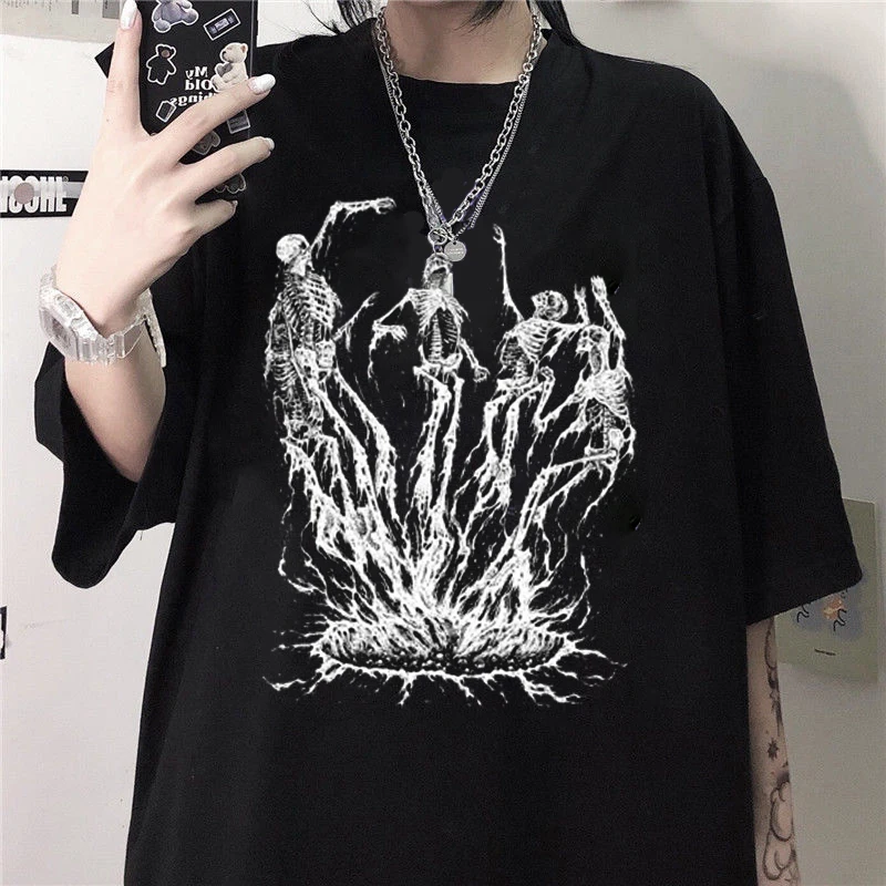 Summer Goth Female Horror Skull Loose men and womenT-shirt Punk Dark Grunge Streetwear gothic Top T-shirts Harajuku y2k clothes white t shirt for men