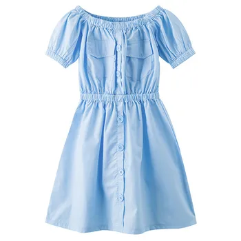 

6 to 16 years kids & teenager girls summer off-the-shoulder cotton casual flare dress child fashion solid color dresses clothes