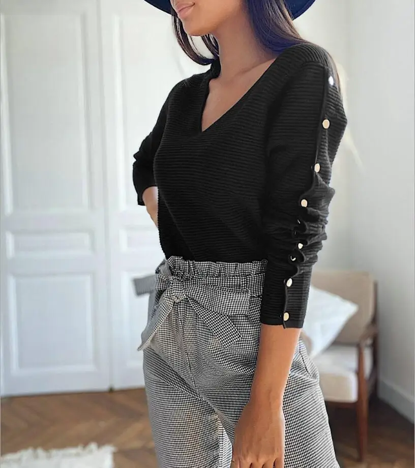 Fashion Women Shirts Autumn Long Sleeve Solid Button T-Shirt V-Neck Cotton Casual Loose Ladies Tops 2020 Streetwear Two Colors