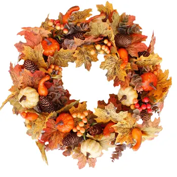 

Brand New Fall Harvest Wreath Artificial Autumn Wreath with Pumpkins Pinecone Berries Sunflower and Maple Leaves for Front Door