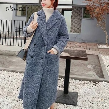 

.Winter Woolen Coat Woman Simple Lapel Double-breasted Long Sleeve Coat Ladies Casual Long-sleeved Loose Thermal Coat Women 2019