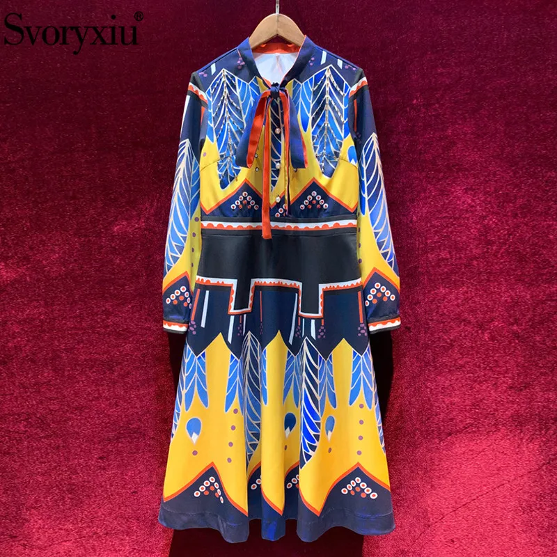 Svoryxiu Runway designerосень зима винтажное платье женские с длинным рукавом Кристалл Алмаз Цвет Соответствующие печатных платья женские