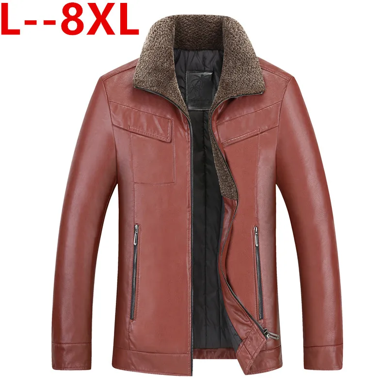 8XL 6X Men's Winter Warm Fleece Jackets and Coats Autumn Men Hat Detachable Leather Jackets Outwear Motorcycle PU Leather Jacket