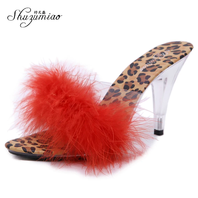 Shuzumiao Women Sandals 2020 Ladies Summer Slippers High Heels Fashion Leopard Print Fur Flip-flops Large Size 43 | Обувь