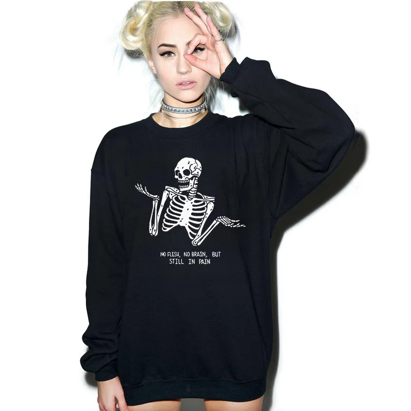  Women Skull Punk Rock Graphic Sweatshirt Femme Cool Halloween Skeleton Printed Hoodie Crewneck Cott