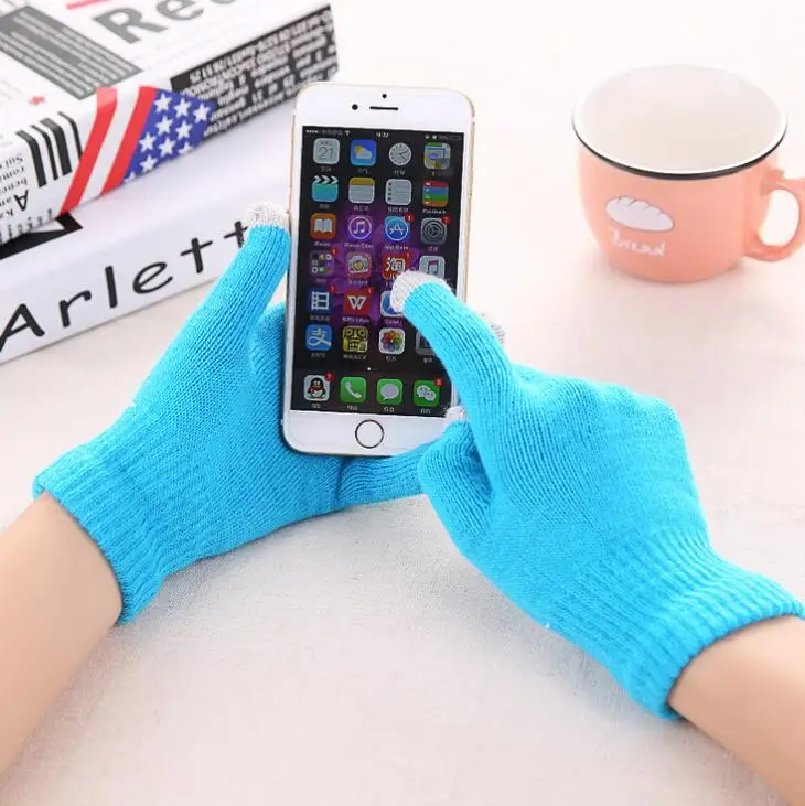 sky blue Женские кашемировые шерстяные вязаные перчатки, зимние теплые толстые перчатки для сенсорного экрана, однотонные варежки для мобильного телефона, планшета - Цвет: sky blue