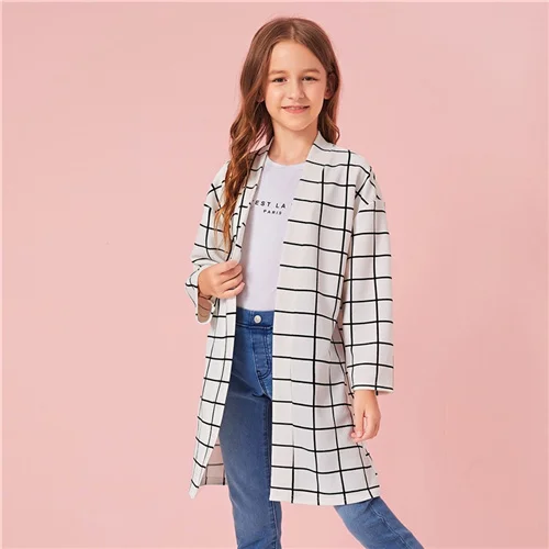 SHEIN Kiddie White Plaid Print Girls Open Front Long Coat Kids Clothes Autumn Long Sleeve Casual Coats For Children - Color: White